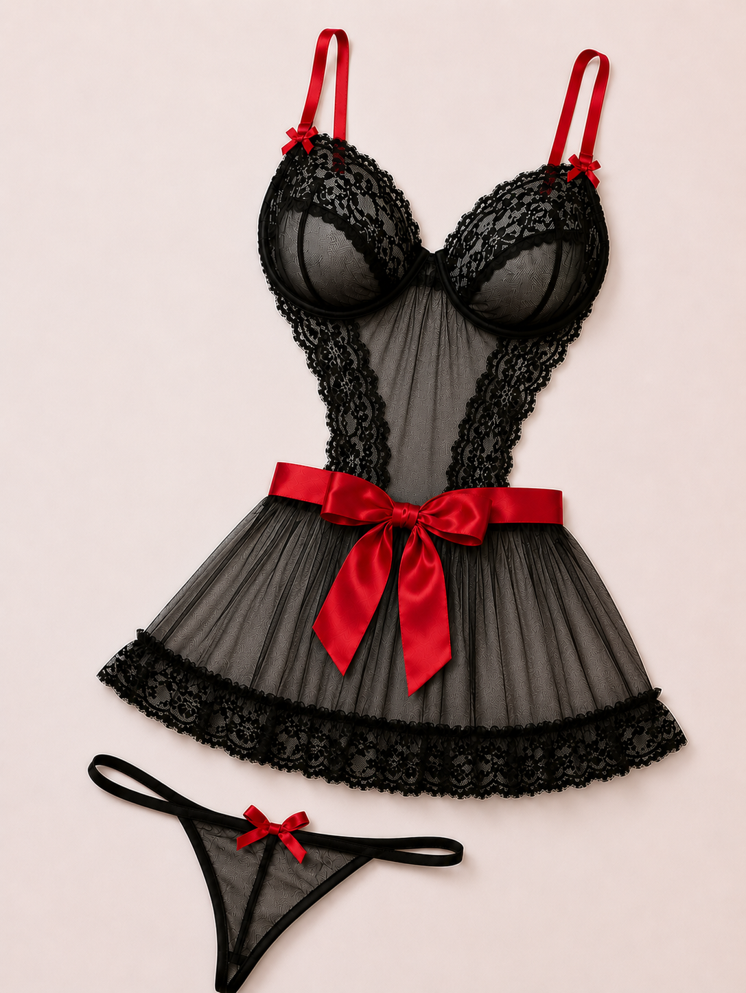 Elegant Sheer Lace Babydoll with Satin Ribbon