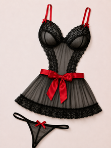 Elegant Sheer Lace Babydoll with Satin Ribbon