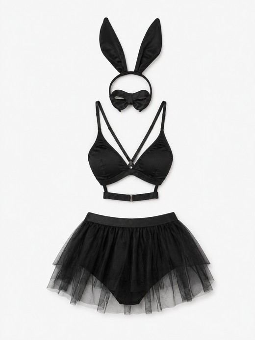 Black Strappy Bunny Tulle Set: satin cage bra, sheer mesh skirt, bowtie choker, and bunny ears.