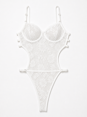 White lace cut-out bodysuit with underwire cups, adjustable straps, and delicate floral overlay.