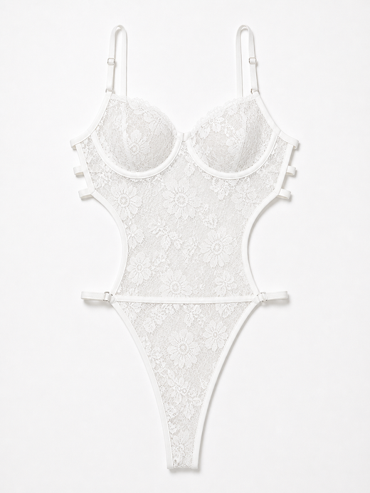 White lace cut-out bodysuit with underwire cups, adjustable straps, and delicate floral overlay.