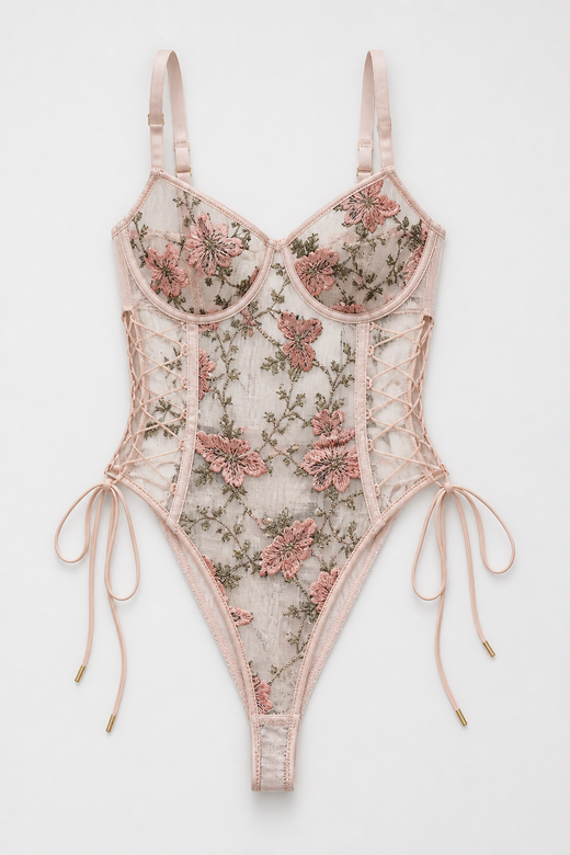 Pink Lunaria embroidered illusion mesh bodysuit with floral details, corset lacing, and adjustable straps.