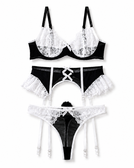 Black and white floral lace underwire bra, high-waist garter belt with suspender straps, and matching thong.