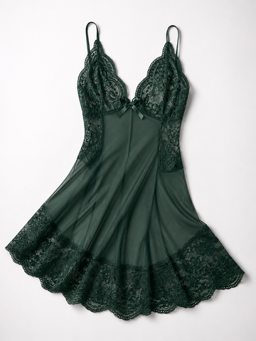 Forest Green Rosalie Sheer Babydoll with floral lace cups, satin straps, mesh paneling, and scalloped lace hem.