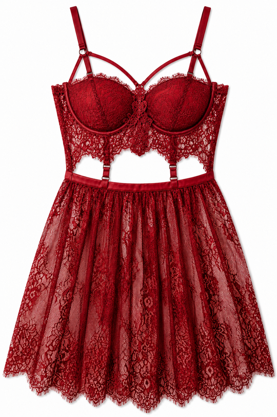 Red lace peekaboo lingerie set with strappy bra, embroidered cups, waist cut-out, and sheer mesh skirt.