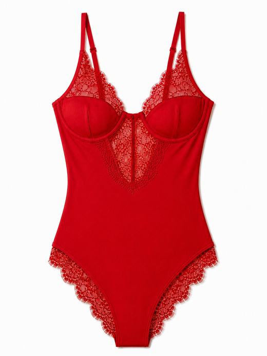Red Isolde lace bodysuit with underwire cups, sheer lace bust, and scalloped leg trim.