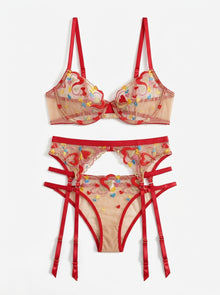 Dolce Amore Heart Embroidered 3-Piece Lingerie Set