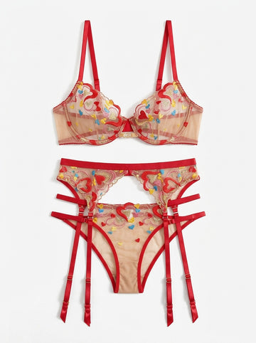 Dolce Amore Heart Embroidered 3-Piece Lingerie Set