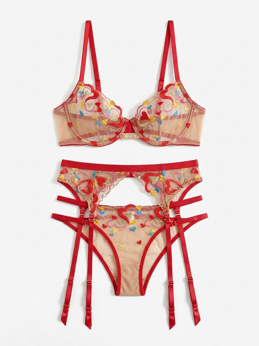 Dolce Amore Heart Embroidered 3-Piece Lingerie Set