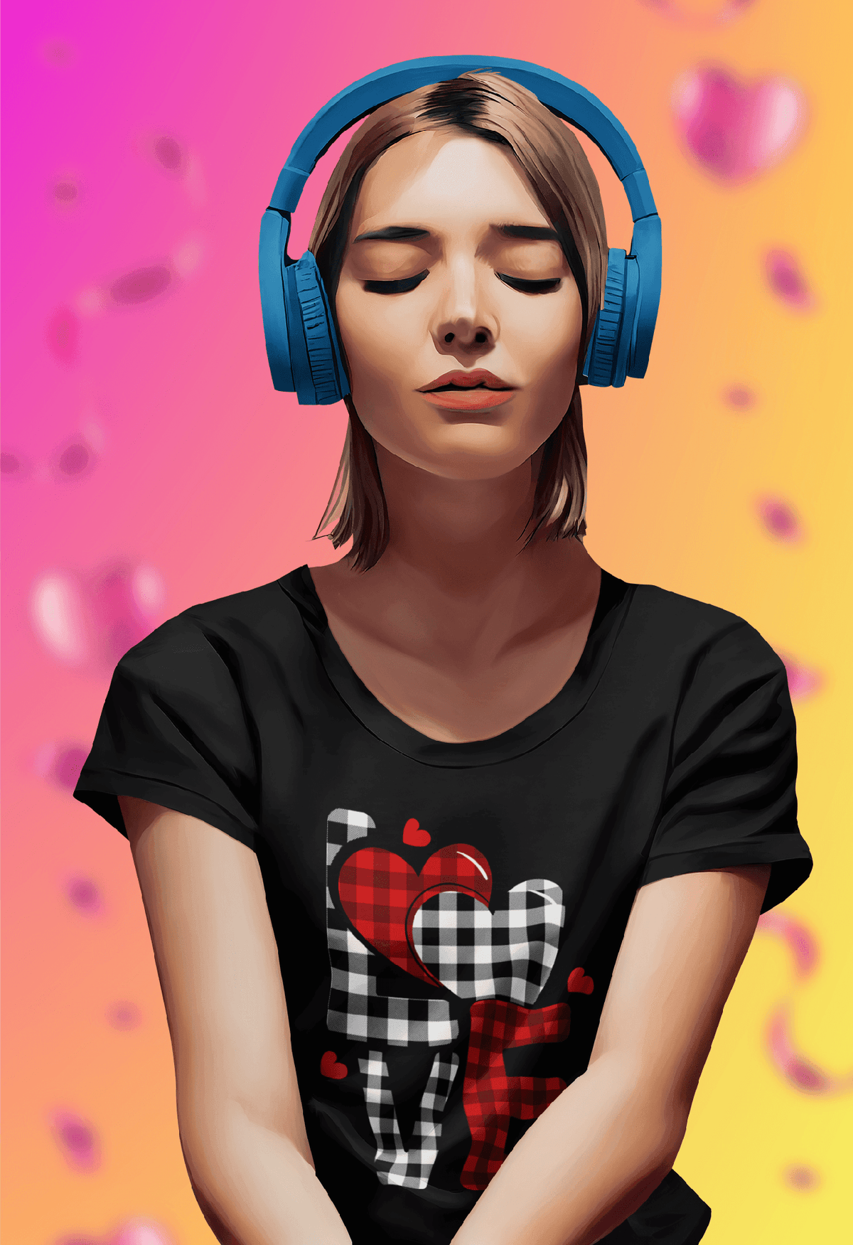 Buffalo Plaid LOVE Block Tee-Black-S-Regular Fit Tee-StylinArts