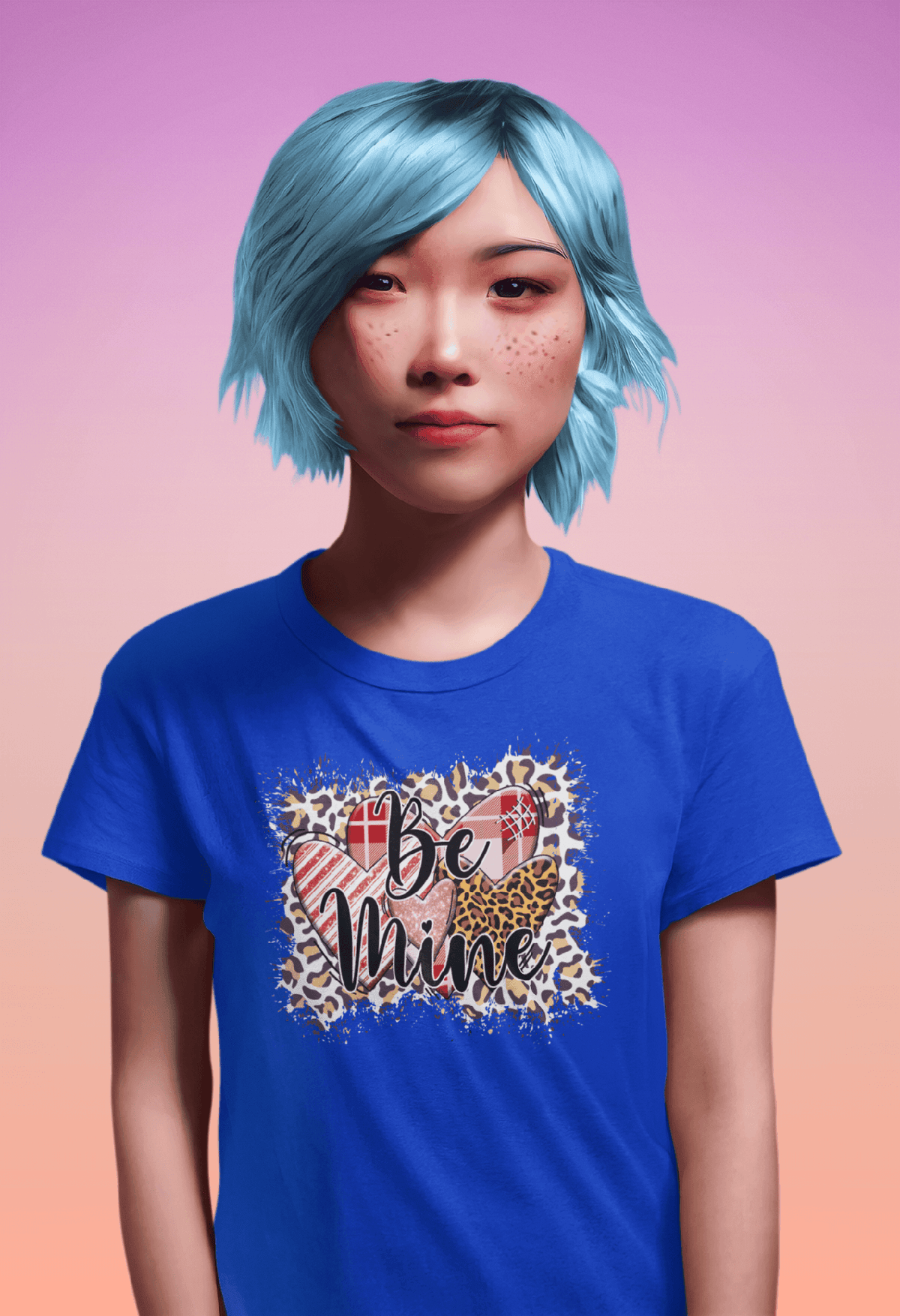 Be Mine Valentine’s T-Shirt – Leopard Print & Plaid Hearts Statement Tee-Royal-S-Regular Fit Tee-StylinArts