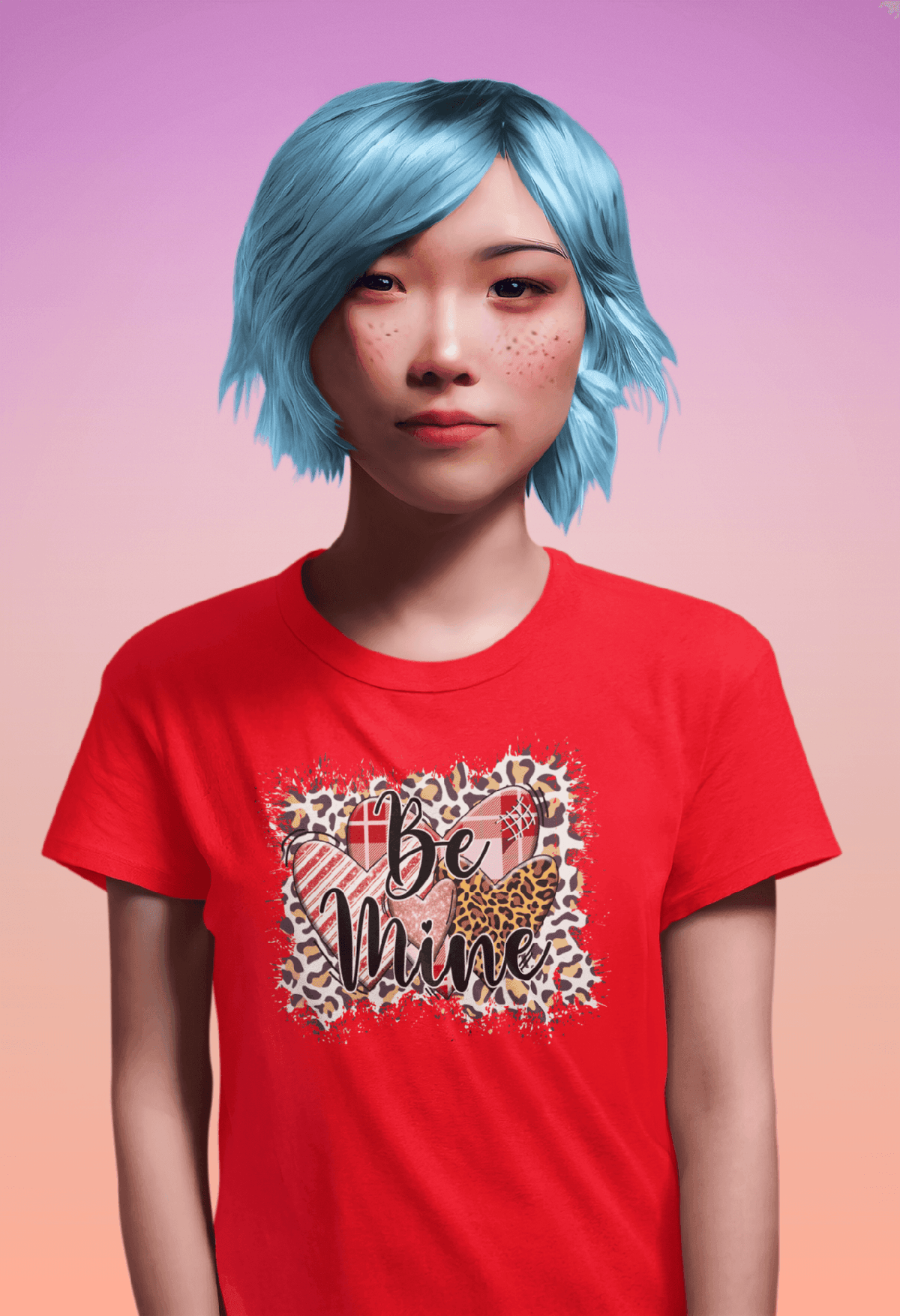 Be Mine Valentine’s T-Shirt – Leopard Print & Plaid Hearts Statement Tee-Red-S-Regular Fit Tee-StylinArts