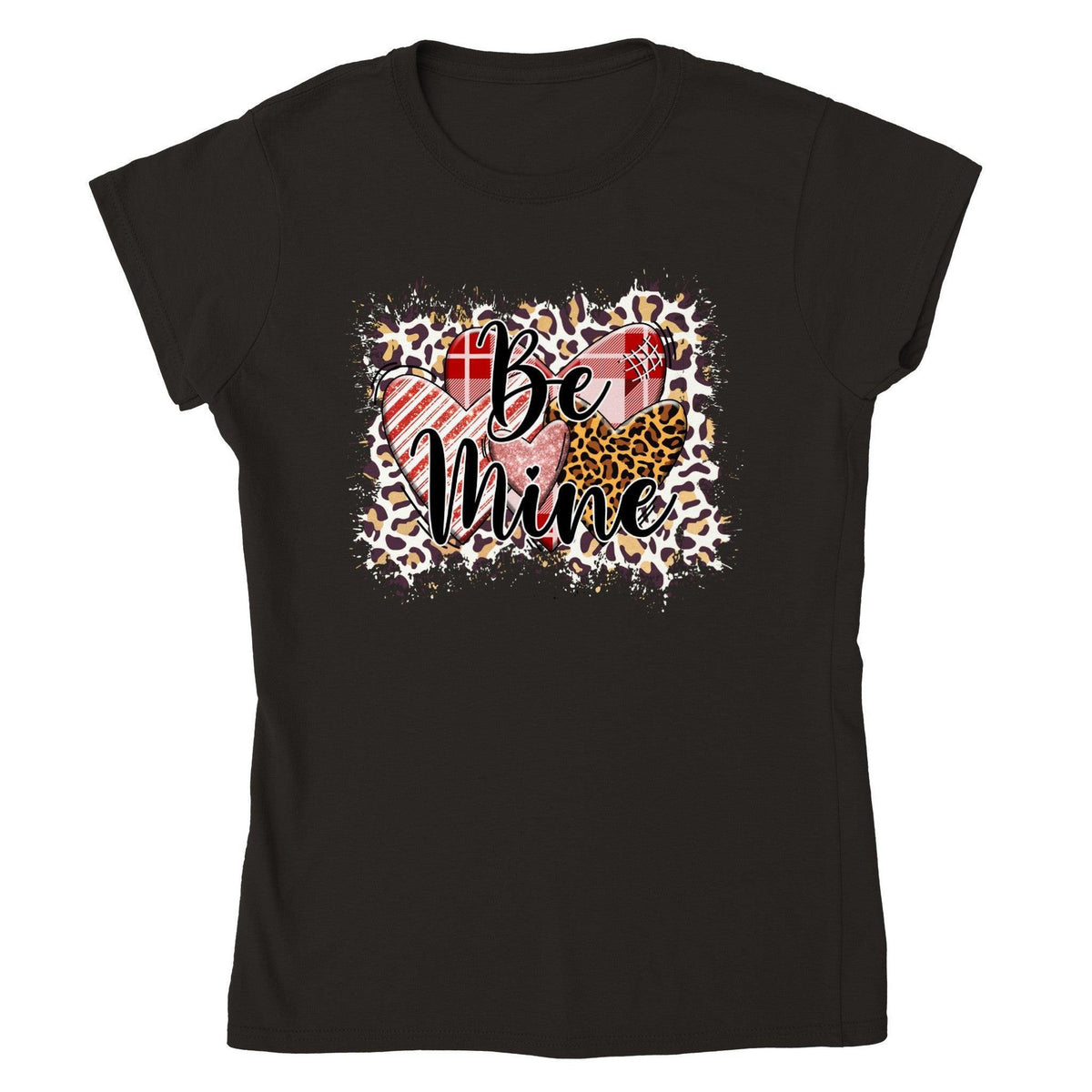 Be Mine Valentine’s T-Shirt – Leopard Print & Plaid Hearts Statement Tee-White-S-Regular Fit Tee-StylinArts