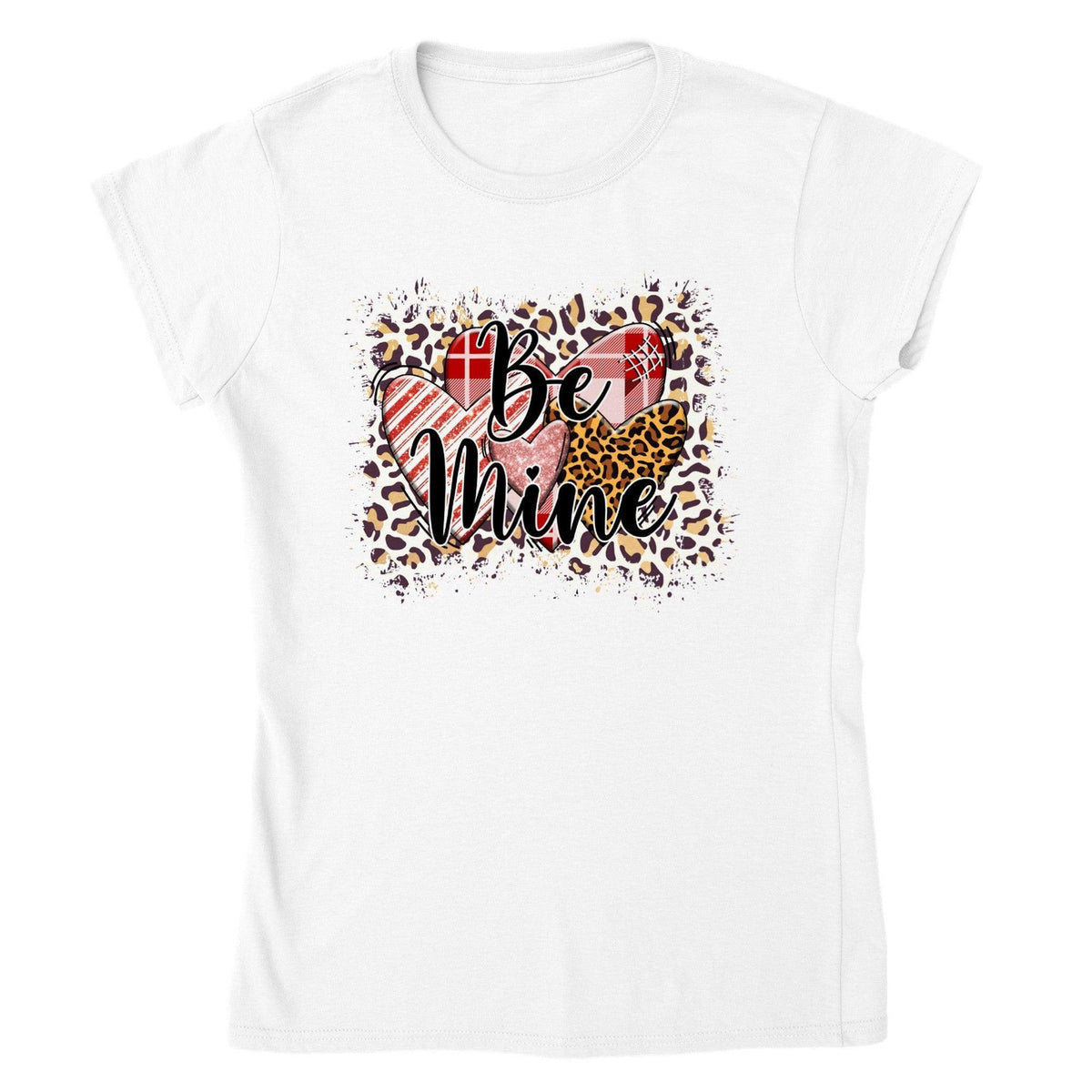 Be Mine Valentine’s T-Shirt – Leopard Print & Plaid Hearts Statement Tee-White-S-Regular Fit Tee-StylinArts