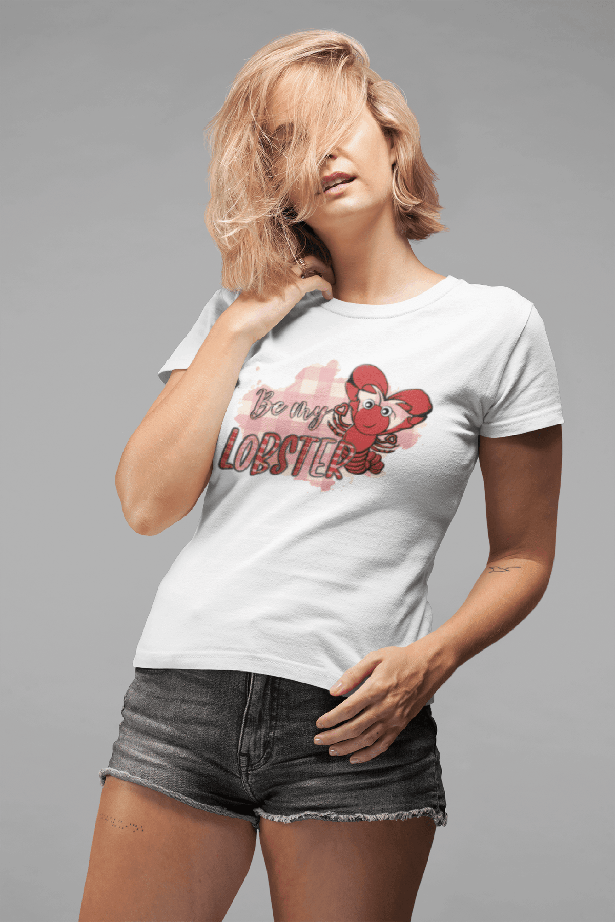 Be My Lobster Valentine’s T-Shirt – Cute Plaid Cartoon Lobster Gift Tee-White-S-Regular Fit Tee-StylinArts
