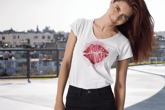 Bite Me Valentine’s T-Shirt – Red Glitter Lips Sassy Flirt Tee-White-S-Regular Fit Tee-StylinArts