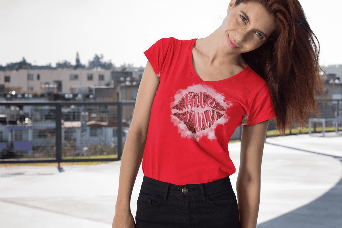 Bite Me Valentine’s T-Shirt – Red Glitter Lips Sassy Flirt Tee-Red-S-Regular Fit Tee-StylinArts
