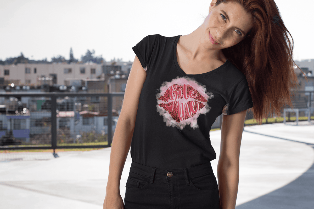 Bite Me Valentine’s T-Shirt – Red Glitter Lips Sassy Flirt Tee-Black-S-Regular Fit Tee-StylinArts
