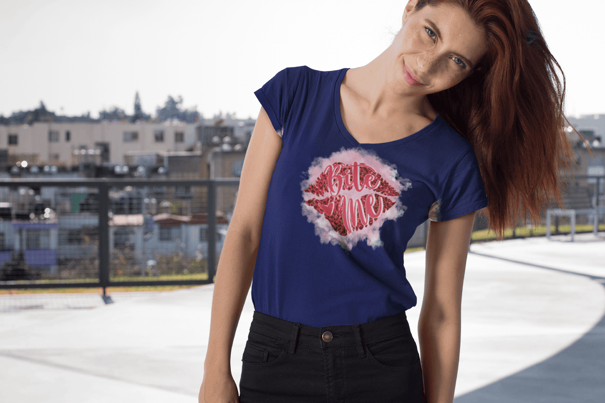 Bite Me Valentine’s T-Shirt – Red Glitter Lips Sassy Flirt Tee-Navy-S-Regular Fit Tee-StylinArts