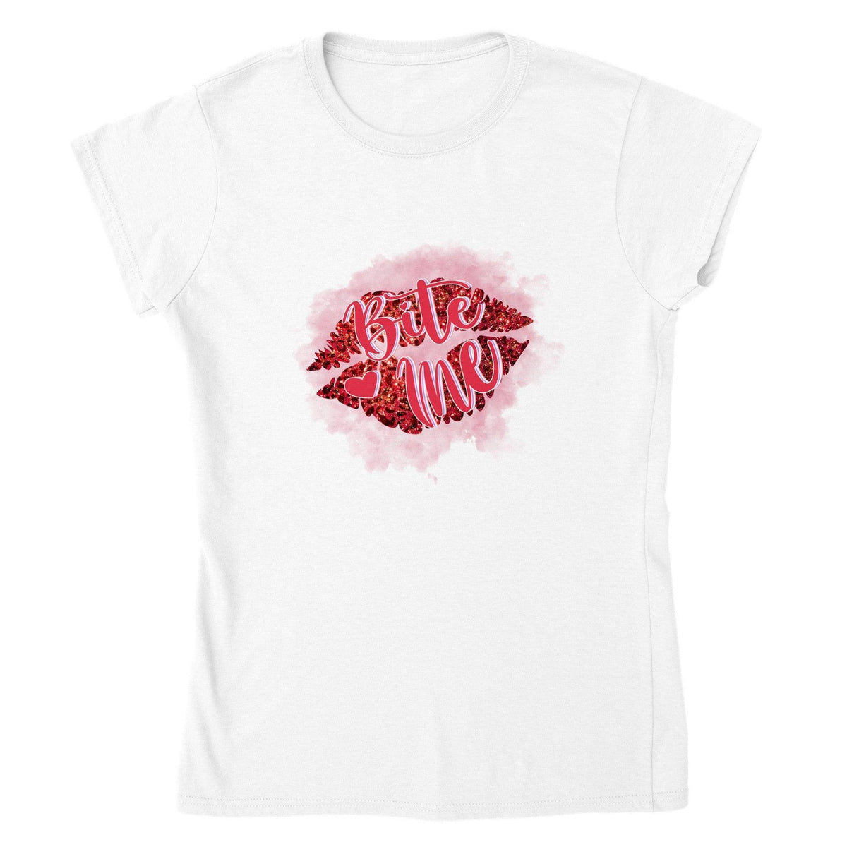 Bite Me Valentine’s T-Shirt – Red Glitter Lips Sassy Flirt Tee-White-S-Regular Fit Tee-StylinArts