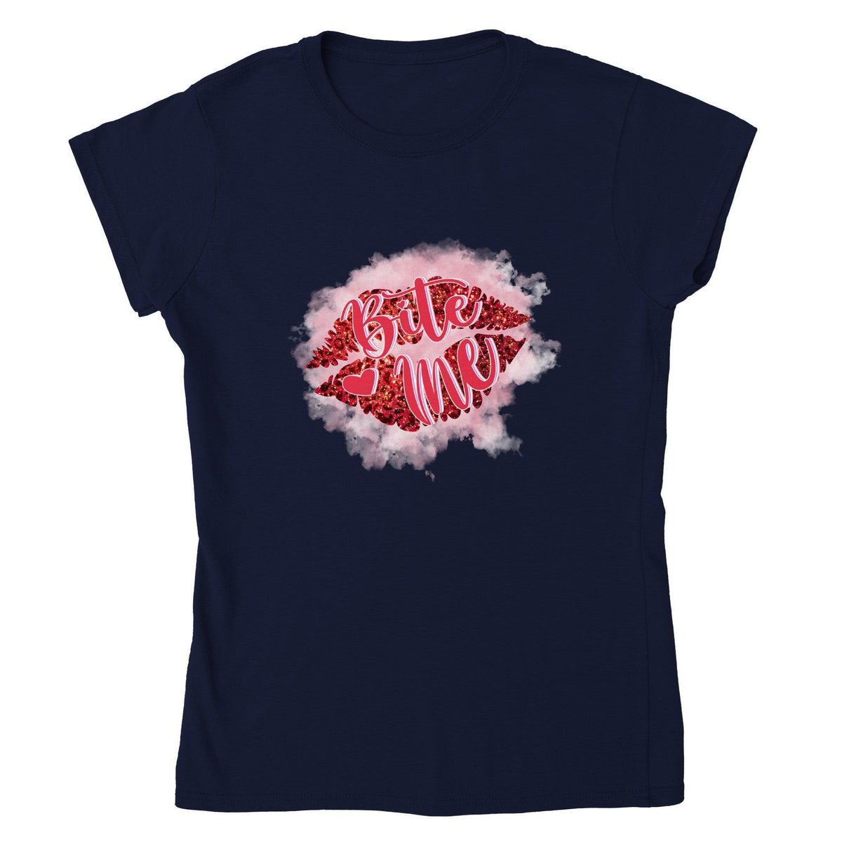 Bite Me Valentine’s T-Shirt – Red Glitter Lips Sassy Flirt Tee-White-S-Regular Fit Tee-StylinArts