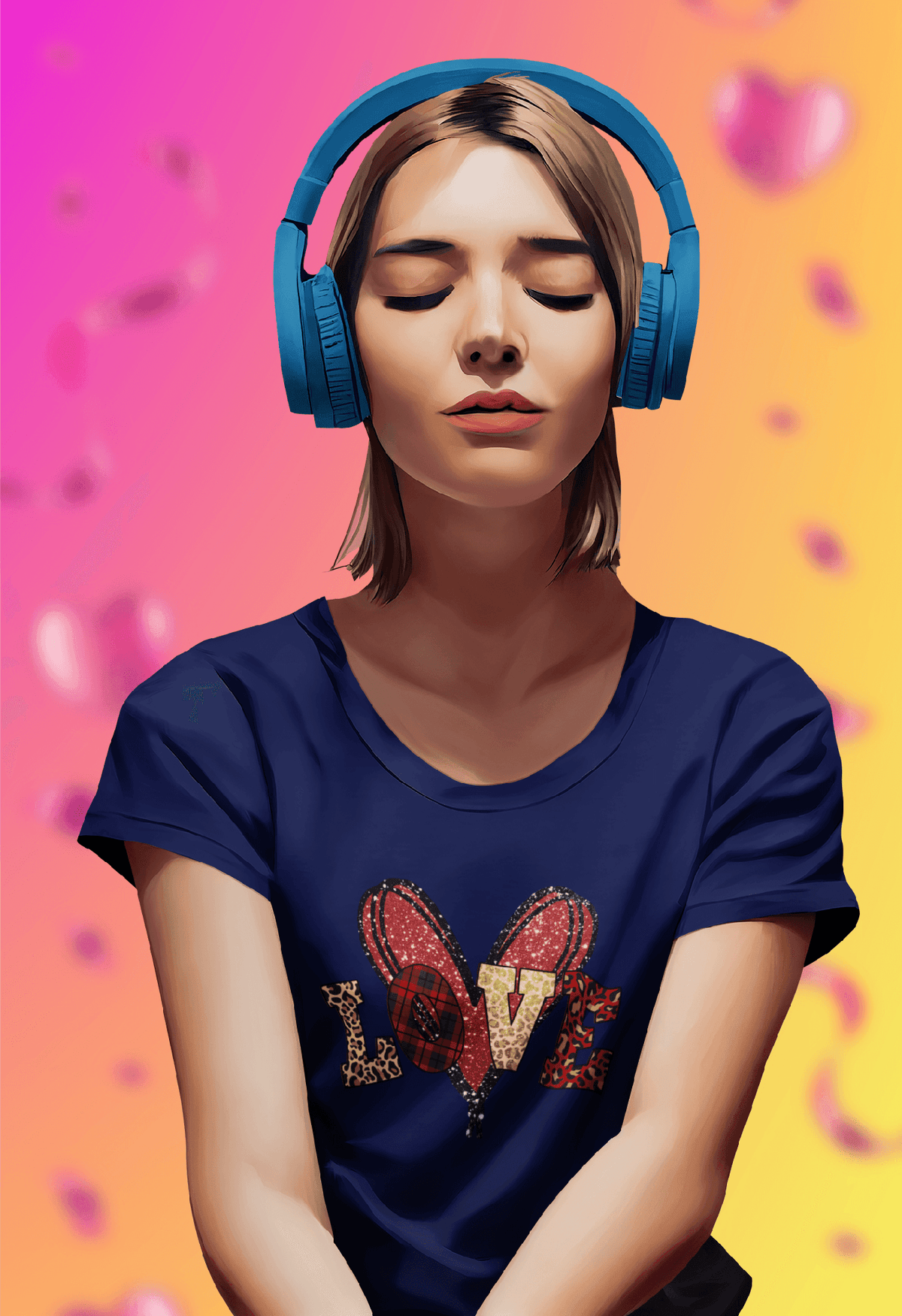 Women’s Leopard Print LOVE Heart Balloon Valentine’s Day T-Shirt-Navy-S-Regular Fit Tee-StylinArts