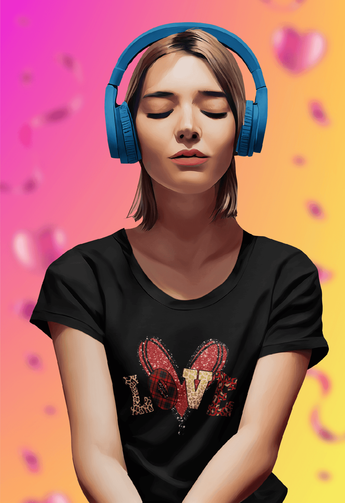 Women’s Leopard Print LOVE Heart Balloon Valentine’s Day T-Shirt-Black-S-Regular Fit Tee-StylinArts