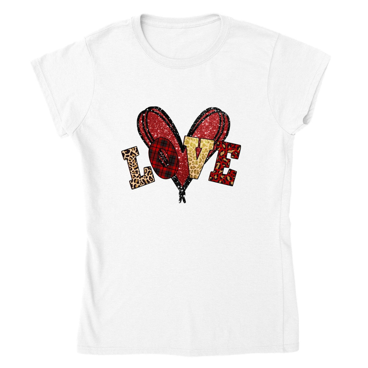 Women’s Leopard Print LOVE Heart Balloon Valentine’s Day T-Shirt-White-S-Regular Fit Tee-StylinArts