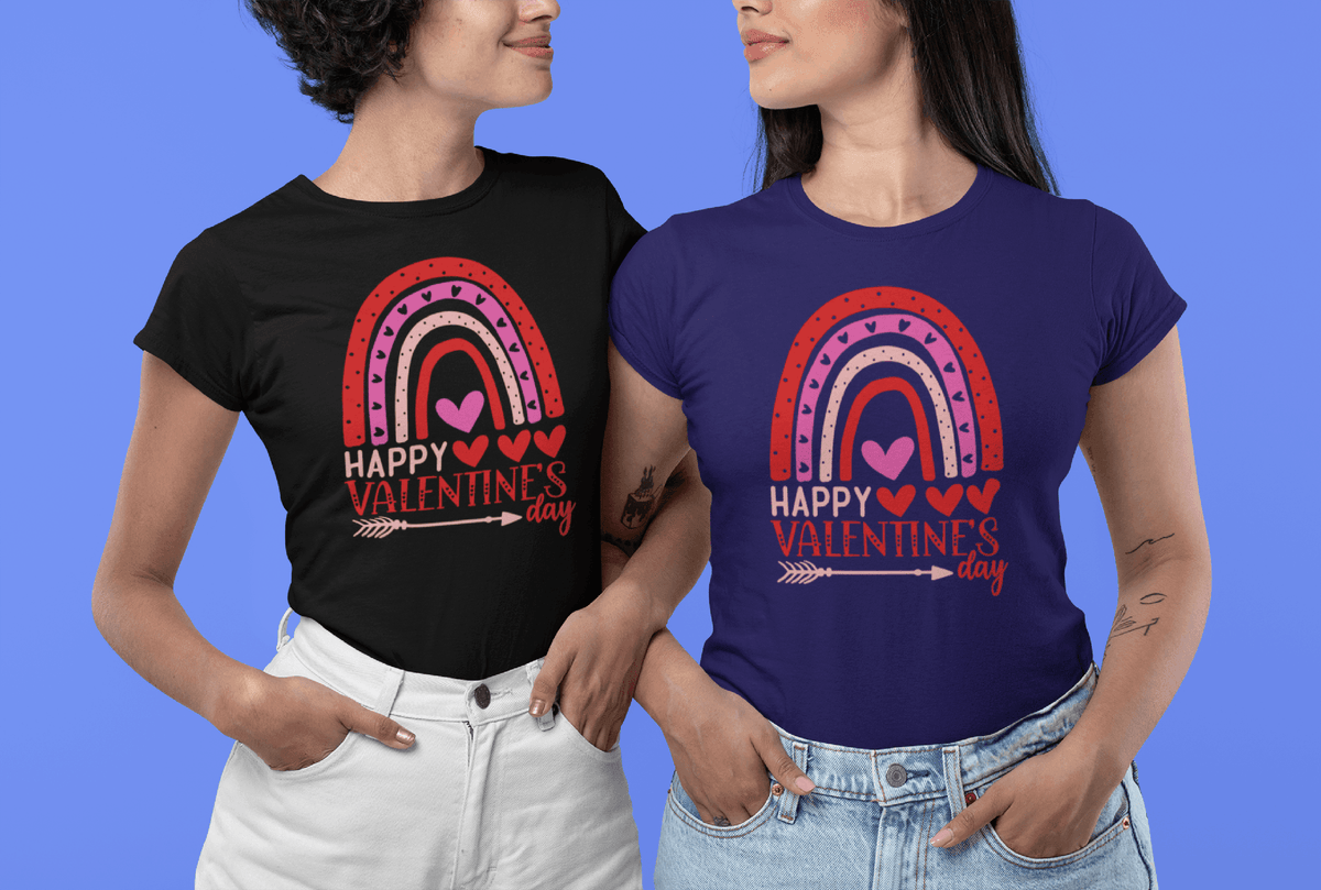 Happy Valentine’s Day Rainbow Hearts Tee-Black-S-Regular Fit Tee-StylinArts