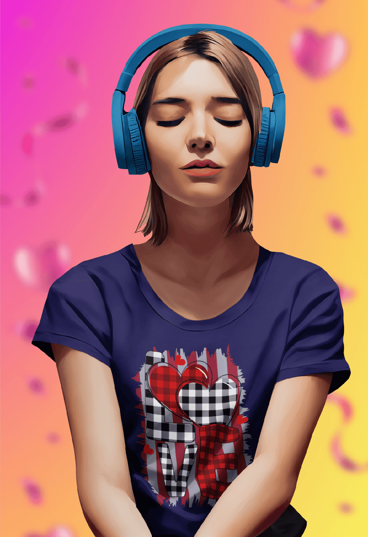 Buffalo Plaid Grunge LOVE Tee-Navy-S-Regular Fit Tee-StylinArts