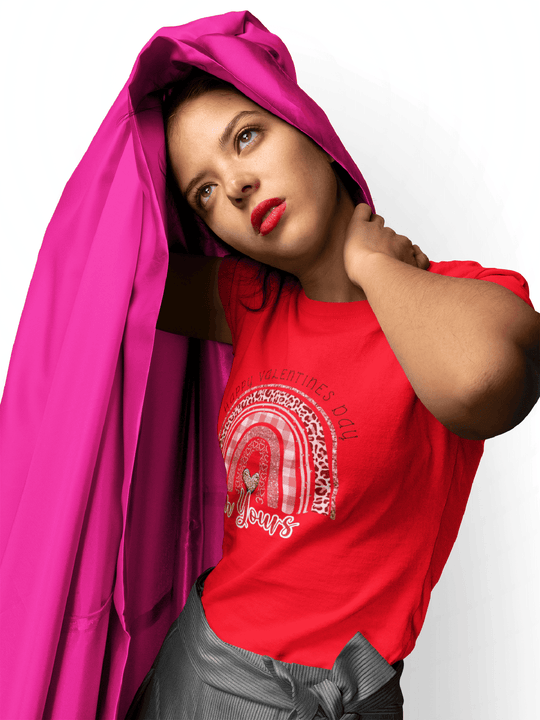 Valentine’s Day Rainbow T-Shirt – “I Am Yours” Cute Plaid & Leopard Print Tee-Red-S-Regular Fit Tee-StylinArts