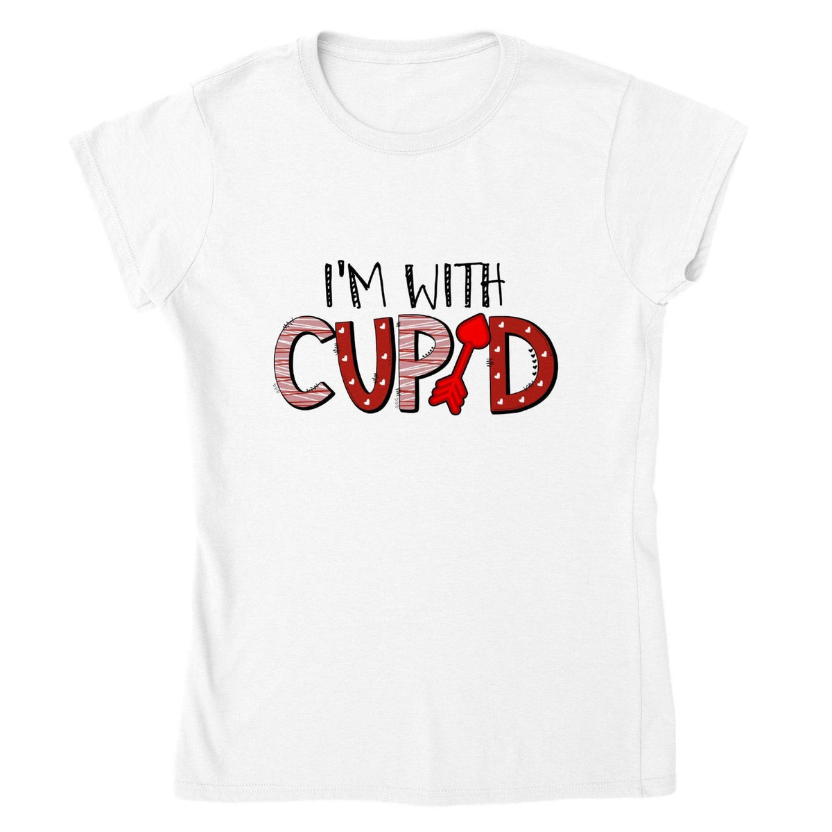 I’m With Cupid Valentine’s T-Shirt – Playful Arrow & Heart Graphic Tee-White-S-Regular Fit Tee-StylinArts