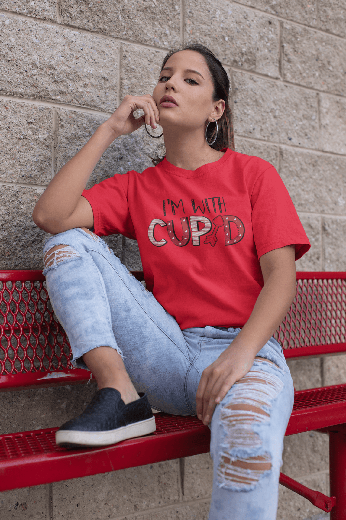 I’m With Cupid Valentine’s T-Shirt – Playful Arrow & Heart Graphic Tee-Red-S-Regular Fit Tee-StylinArts