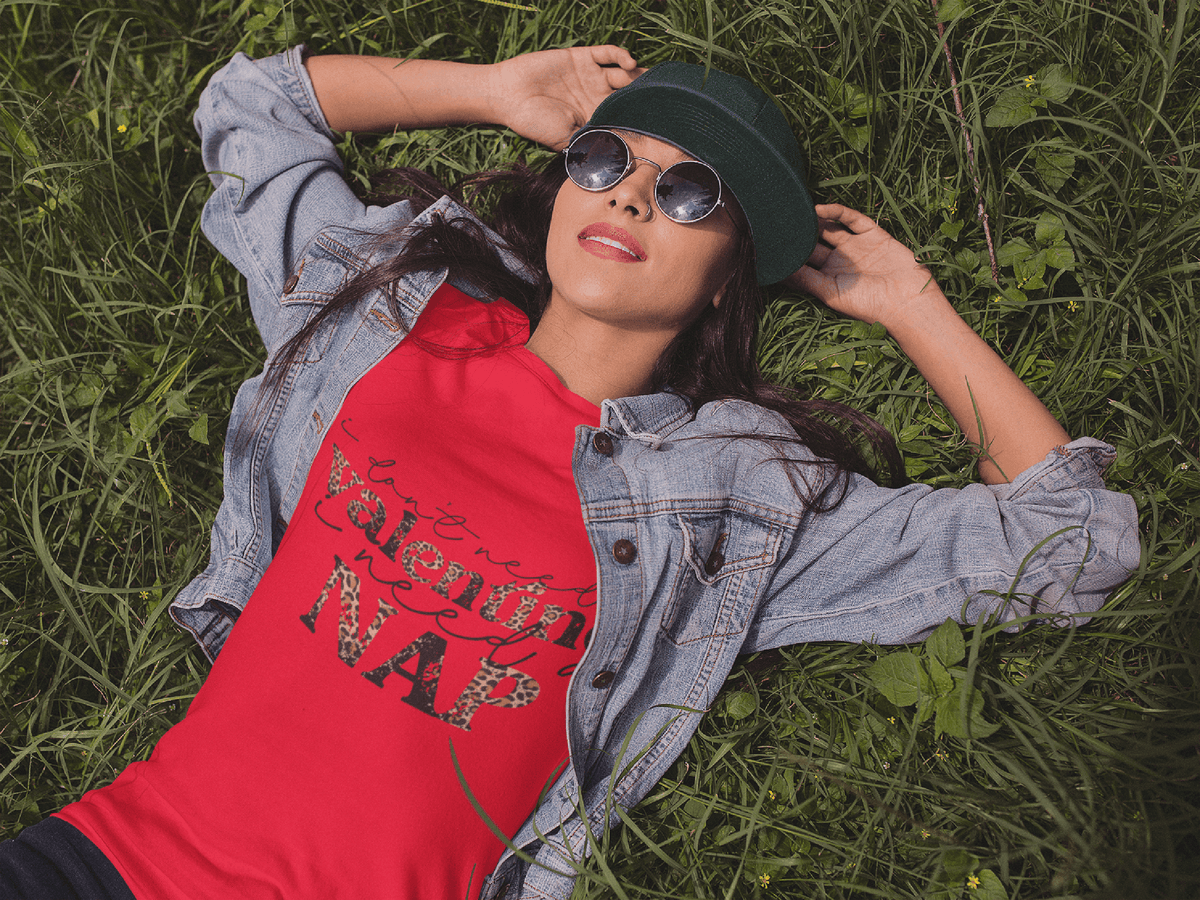 “I Don’t Need a Valentine, I Need a Nap” T-Shirt – Leopard Print Self-Care Tee-Red-S-Regular Fit Tee-StylinArts