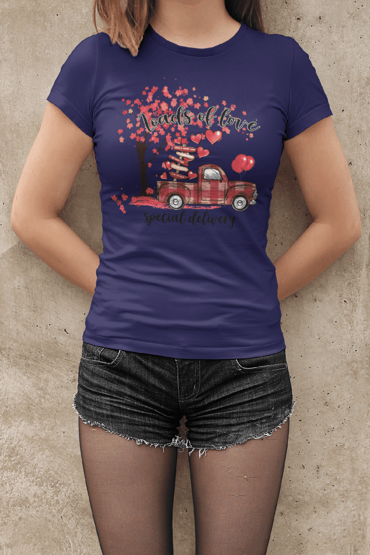Plaid Vintage Truck Valentine’s T-Shirt – Loads of Love Special Delivery Tee-Navy-S-Regular Fit Tee-StylinArts