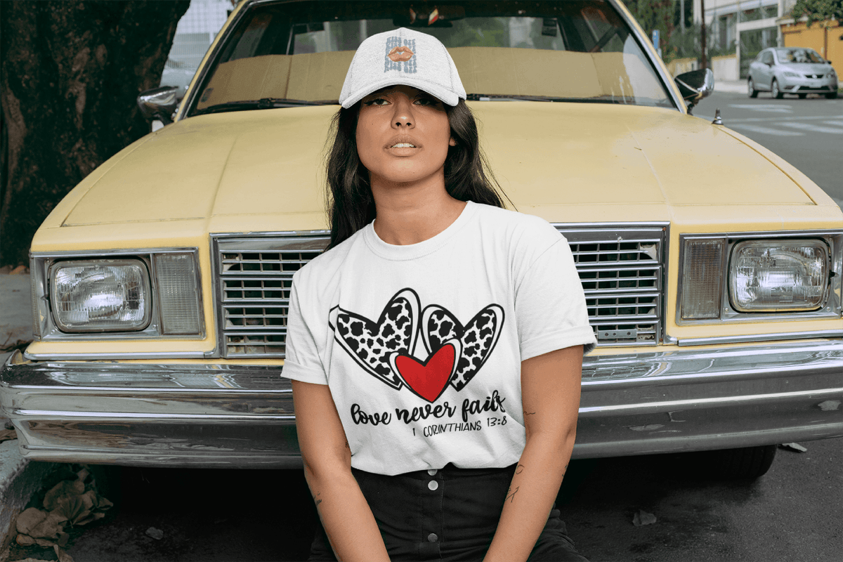 Love Never Fails Leopard Heart Valentine’s Day Tee-White-S-Regular Fit Tee-StylinArts