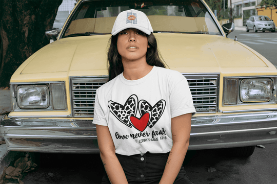 Love Never Fails Leopard Heart Valentine’s Day Tee-White-S-Regular Fit Tee-StylinArts