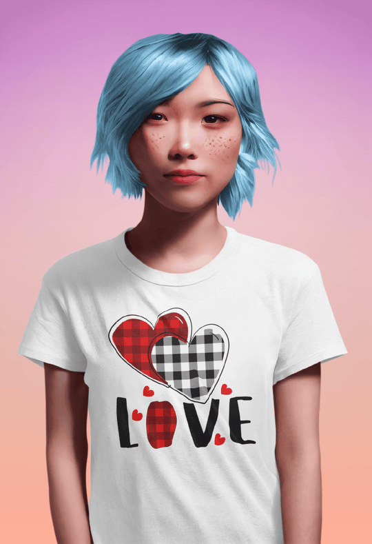 Buffalo Plaid Love Hearts Tee-White-S-Regular Fit Tee-StylinArts