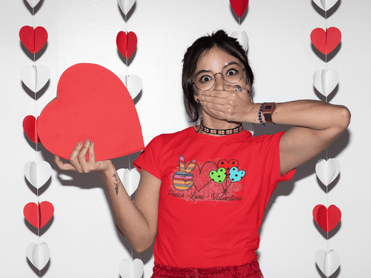 Peace Love Valentine Rainbow Hearts Tee-Red-S-Regular Fit Tee-StylinArts