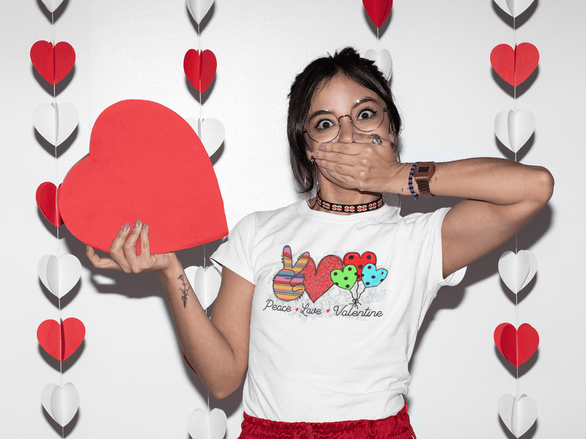 Peace Love Valentine Rainbow Hearts Tee-White-S-Regular Fit Tee-StylinArts