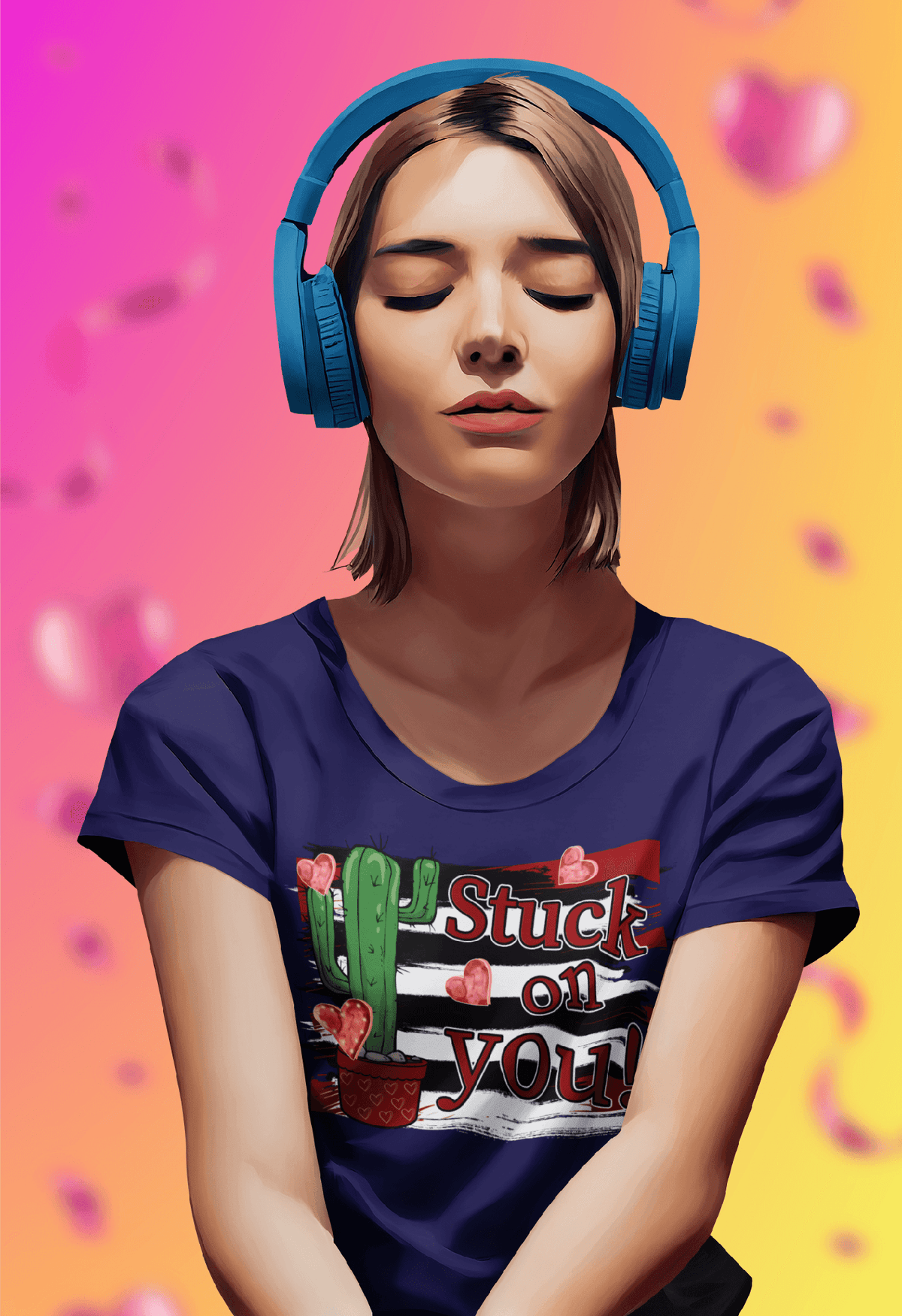 Stuck On You Cactus Valentine Tee-Navy-S-Regular Fit Tee-StylinArts