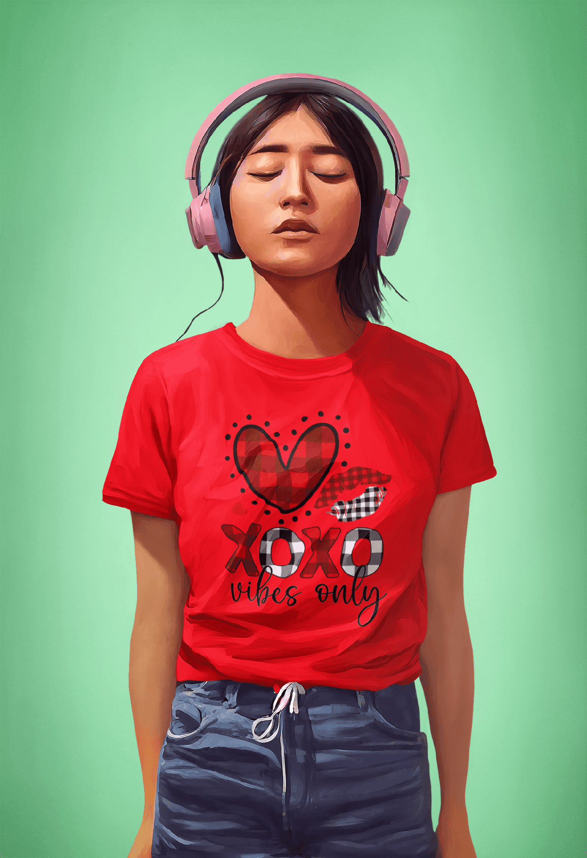 XOXO Vibes Only Plaid Valentine’s Tee-Red-S-Regular Fit Tee-StylinArts